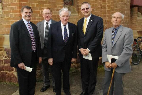 RESPECT: Member for Hume Alby Schultz, deputy mayor Bob Kirk, former Federal Education Minister/good friend Wal Fife, Mayor Geoff Kettle and son John Plews paying tribute to prominent local educator Jack Plews at his funeral on Friday.