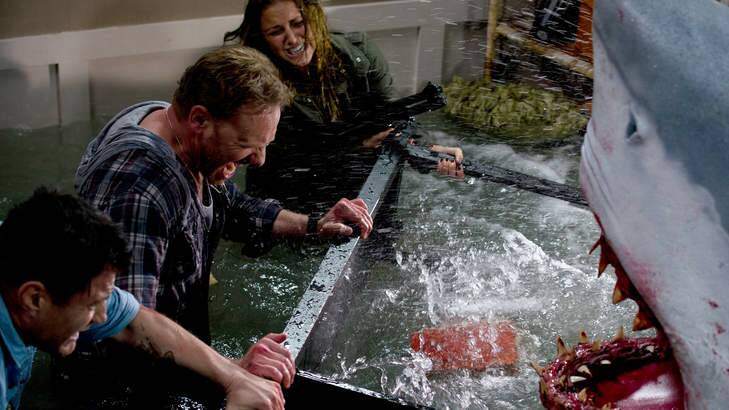 Ian Ziering, second left, and Cassie Scerbo battle a shark in the Syfy original film <i>Sharknado.</i>