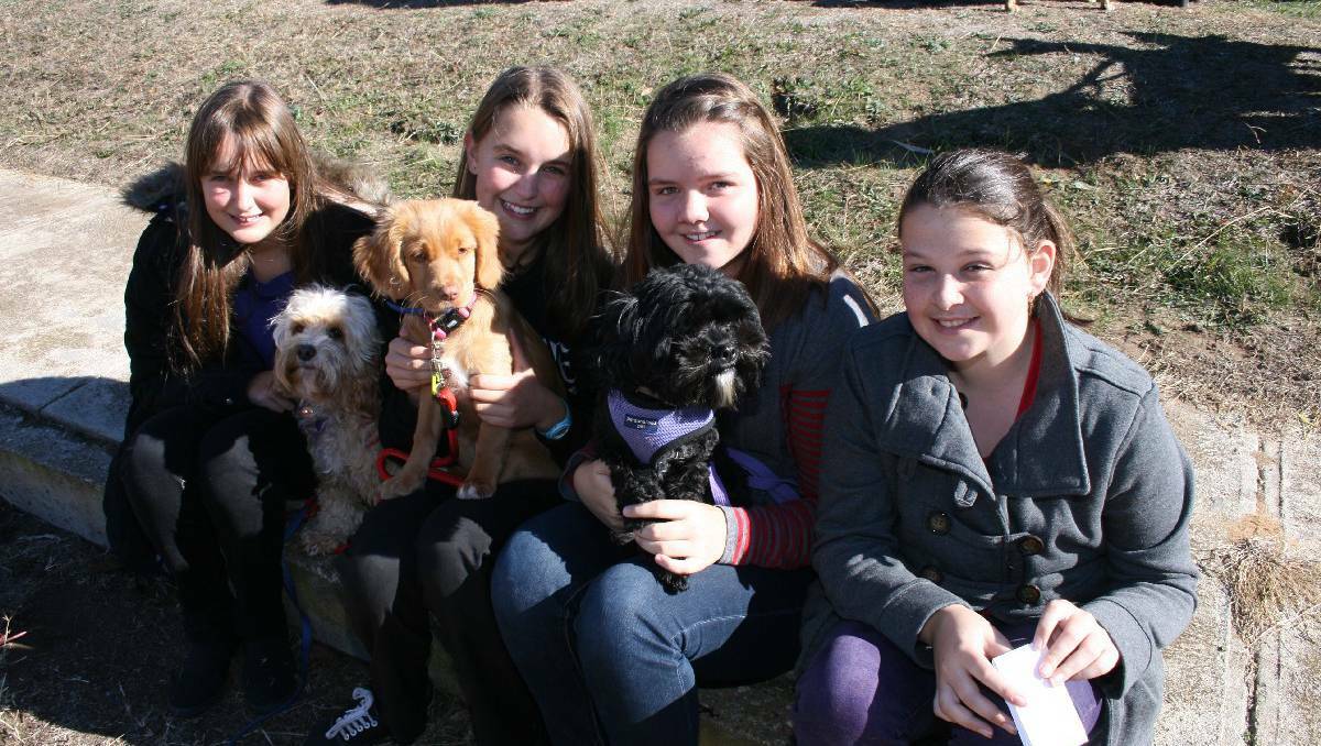  Chelsea Mckenna, holding cavoodle, ‘Bo,’ Abbey McKenna with ‘Milly,’ a cavoodle cross, Jordan Houlands holding cavoodle, Tia, and Denley Houlands were enthusiastic participants in the Million Paws walk. Photos LOUISE THROWER.
