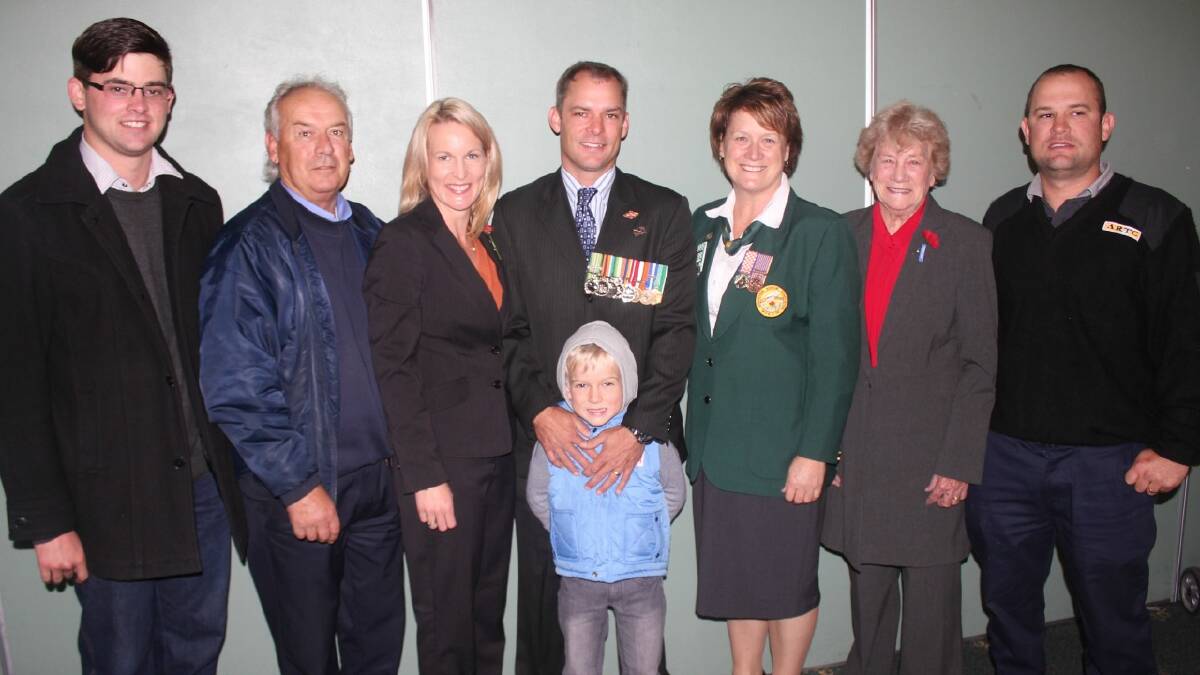   FAMILY AFFAIR: The family of Captain Jason Scanes were present to help Jason remember his mates who have served in Afghanistan. Pictured are (L to R): Jack Picker, dad Tony Scanes, wife Jackie Scanes, Captain Jason Scanes, Kingston Scanes (front), Jason’s aunt Debra Scanes, grandmother Elva Scanes and brother Nathan Scanes.