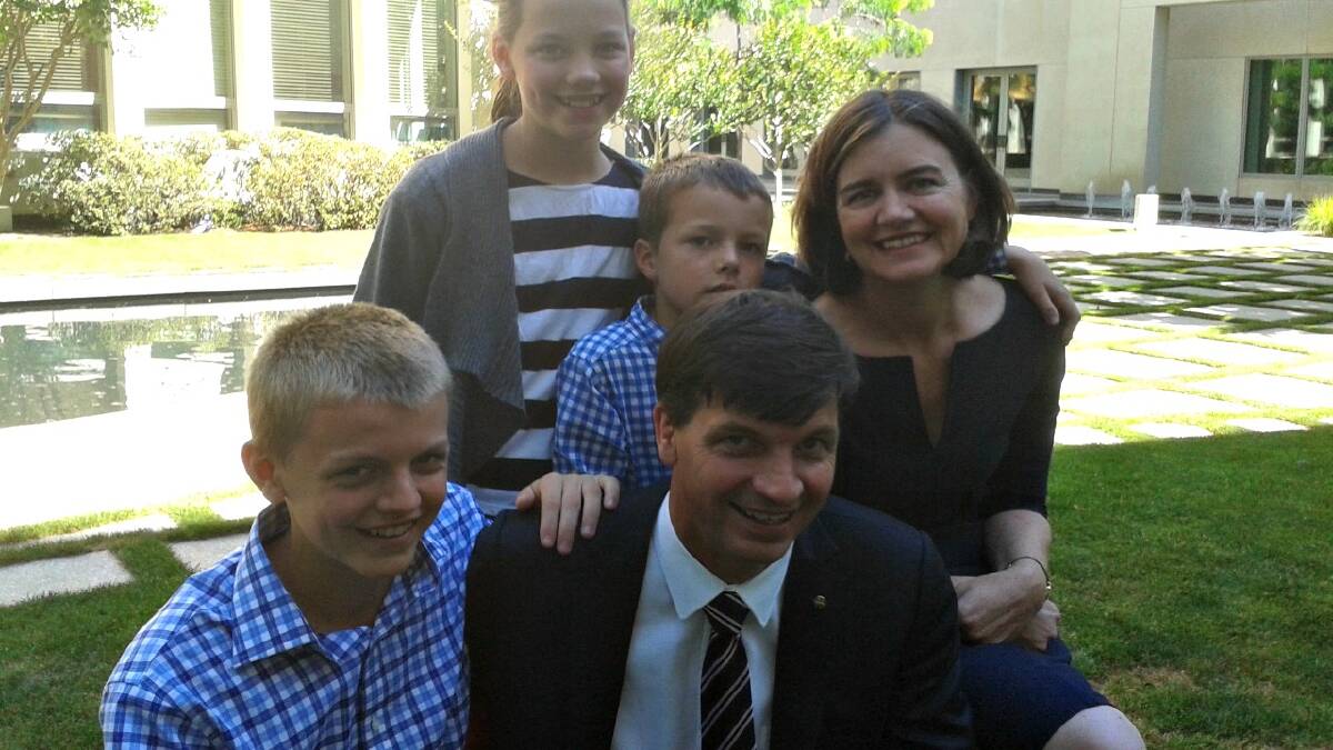 SUPPORT CREW: Member for Hume Angus Taylor at Parliament House yesterday with his wife Louise and kids Hamish, Olivia and Richard (with Adelaide absent). Photo: Louise Thrower.