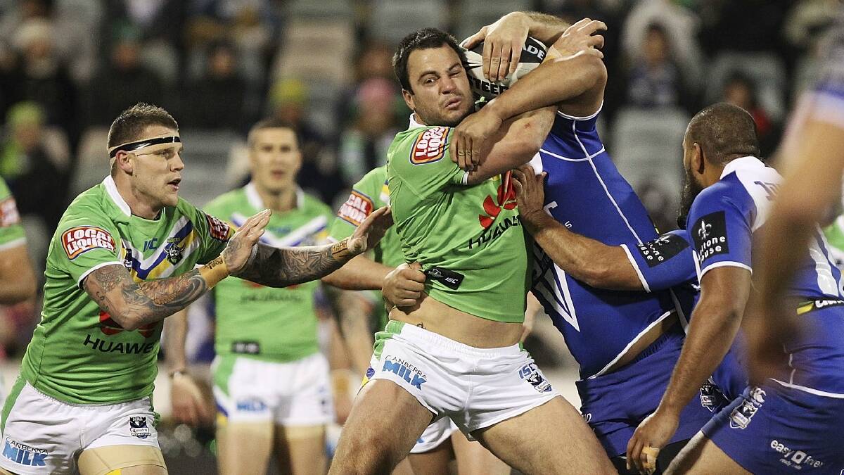 STAR ATTRACTION: David Shillington, pictured carting the ball up for the Raiders in their round 25 match with the Bulldogs, is expected to attend the Men of League dinner. Photo: Stefan Postles.