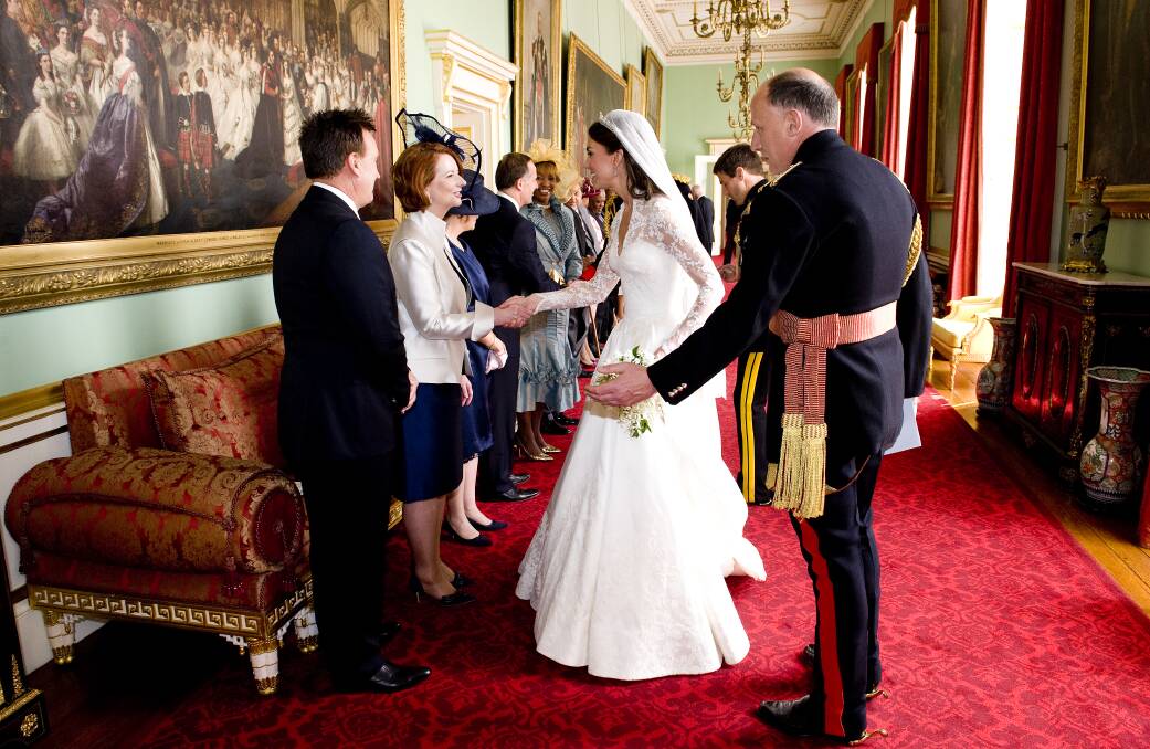 Catherine, Duchess of Cambridge greets Prime Minister Gillard and her partner Tim Matheison after her wedding to Prince William on April 29, 2011 in London, England. Photo: Getty Images