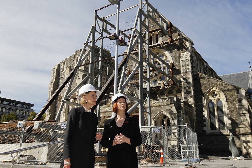 Governor General Quentin Bryce and Prime Minister Julia Gillard inspect damage on March 18, 2011 after the devastating earthquakes in Christchurch, New Zealand. Photo: Getty Images