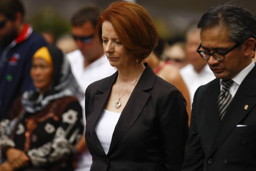 Prime Minister Julia Gillard and Indonesian Foreign Minister Marty M. Natalegawa attend the Bali Bombing 10th anniversary memorial service on October 12, 2012 in Jimbaran, Bali, Indonesia. Photo: Getty Images